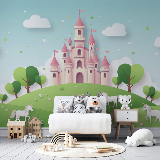 Kids-Mundo pastel castle unicorn mural covering a feature wall in a child's bedroom