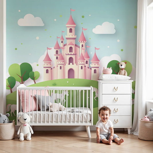 Kids-Mundo paper-cut pastel castle and unicorns wall mural fitted above a cot in a green-toned nursery