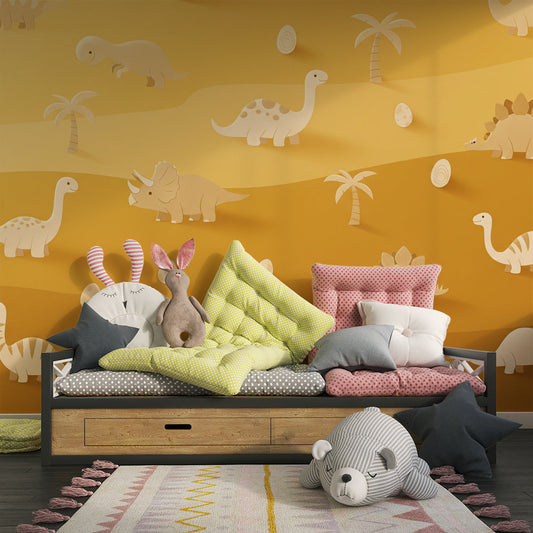 Kids-Mundo dinosaur desert mural on a kids bedroom wall beside a bed and shelf