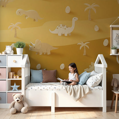 Kids-Mundo paper-cut dinosaur desert wall mural styled in a warm amber nursery with a cot