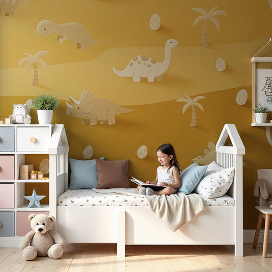 Kids-Mundo paper-cut dinosaur desert wall mural styled in a warm amber nursery with a cot