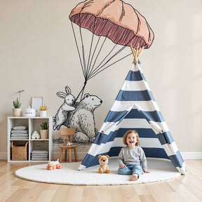 Parachute animals mural wallpaper featuring bear and rabbit in modern nursery by Kids-Mundo