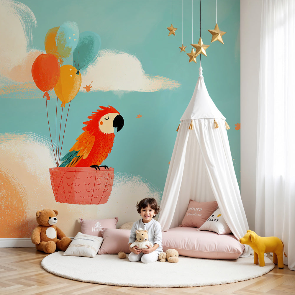 Parrot clouds mural wallpaper with balloons in modern nursery room by Kids-Mundo
