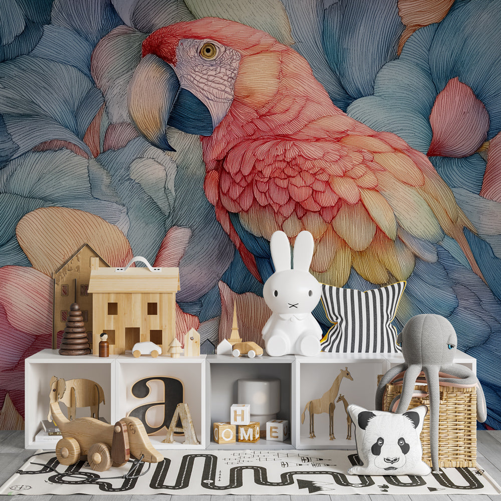 Tropical bird wallpaper transforming children's bedroom with vibrant parrot and floral design