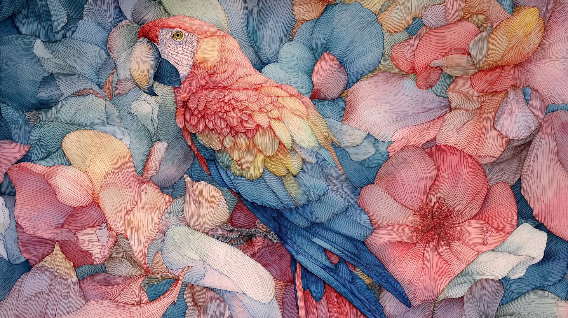 Detailed parrot and flowers mural wallpaper design pattern showing tropical bird artwork by Kids-Mundo