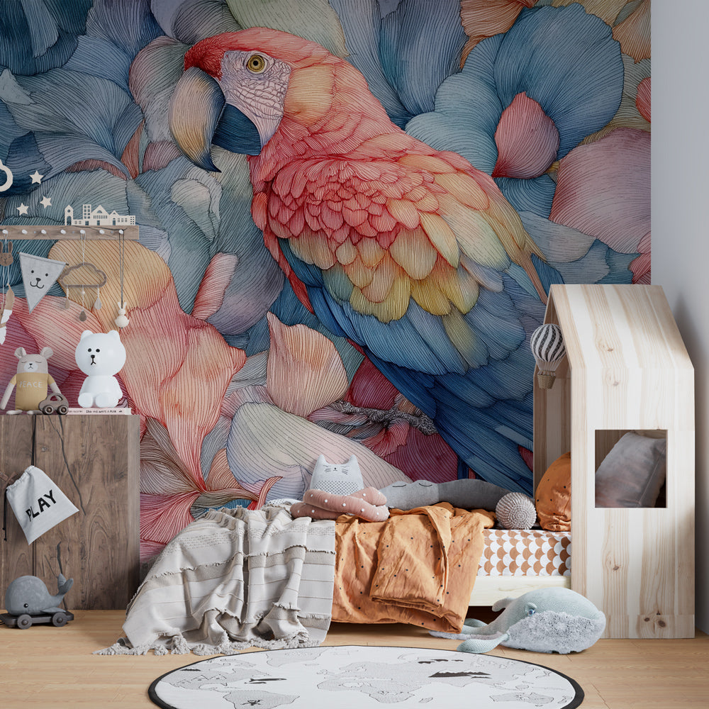 Nature-inspired parrot wallpaper in modern kids room showcasing botanical tropical theme