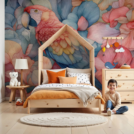 Colorful parrot mural wallpaper creating tropical nursery decor with delicate flowers by Kids-Mundo