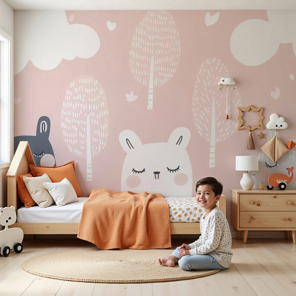 Pastel animals mural wallpaper creating serene nursery atmosphere with soft pink and green forest theme by Kids-Mundo
