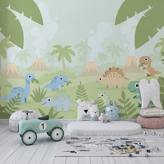 Kids-Mundo pastel dinosaur wall mural behind a toddler bed in a calm kids bedroom