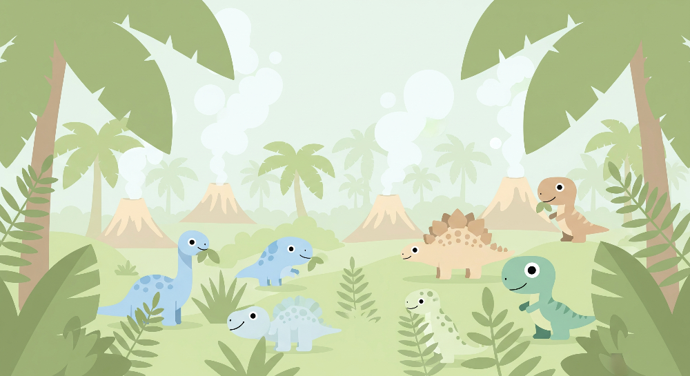 Pastel Baby Dinosaurs Volcano Wall Mural