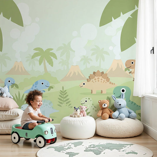 Kids-Mundo pastel baby dinosaur mural in a soft neutral nursery with cot and mobile
