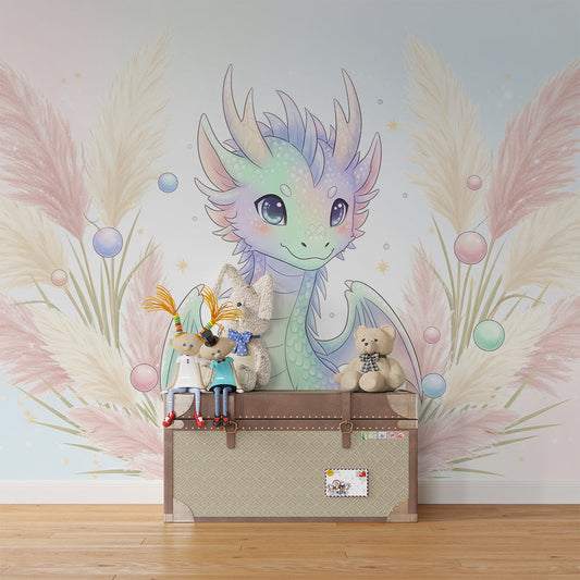Kids-Mundo pastel baby dragon in pampas grass wall mural on a feature wall in a kids bedroom