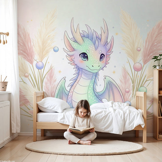 Kids-Mundo pastel baby dragon wall mural styled behind a cot in a soft fantasy nursery room
