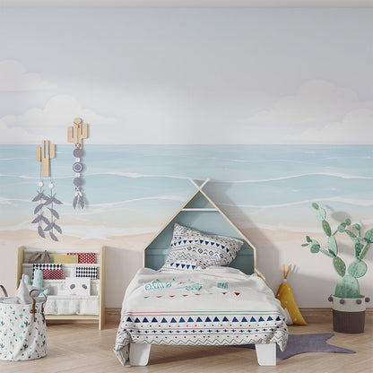 Kids-Mundo ocean wall mural bringing a calming pastel seascape into a kids' bedroom