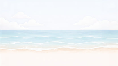 Kids-Mundo flat artwork of a pastel beach and ocean scene with soft clouds and calm waves