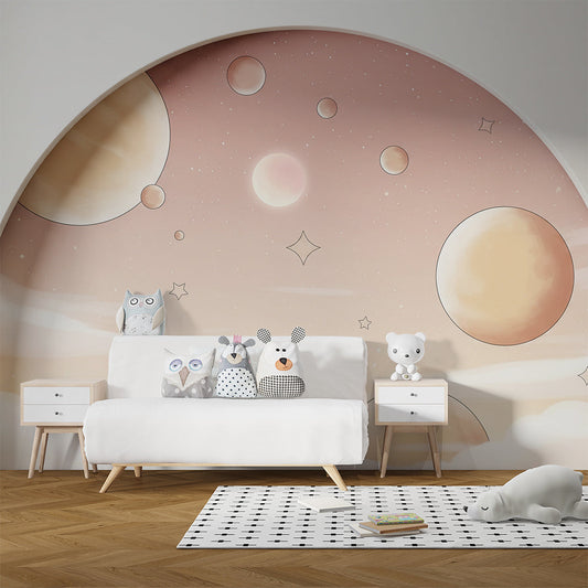 Kids-Mundo pastel planets arched sky wall mural on a feature wall in a kids bedroom