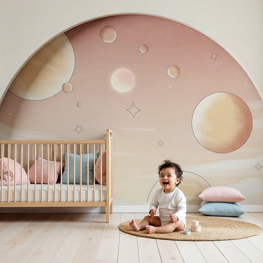 Pastel bubble planets wall mural by Kids-Mundo styled behind a cot in a soft pink nursery