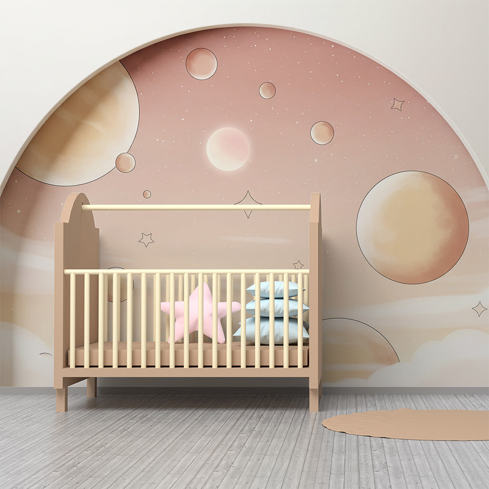 Pastel bubble planets wall mural from Kids-Mundo shown along a wall in a calm playroom