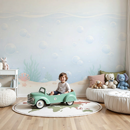 Kids-Mundo pastel bubble wall mural in a soft lilac nursery with a cot
