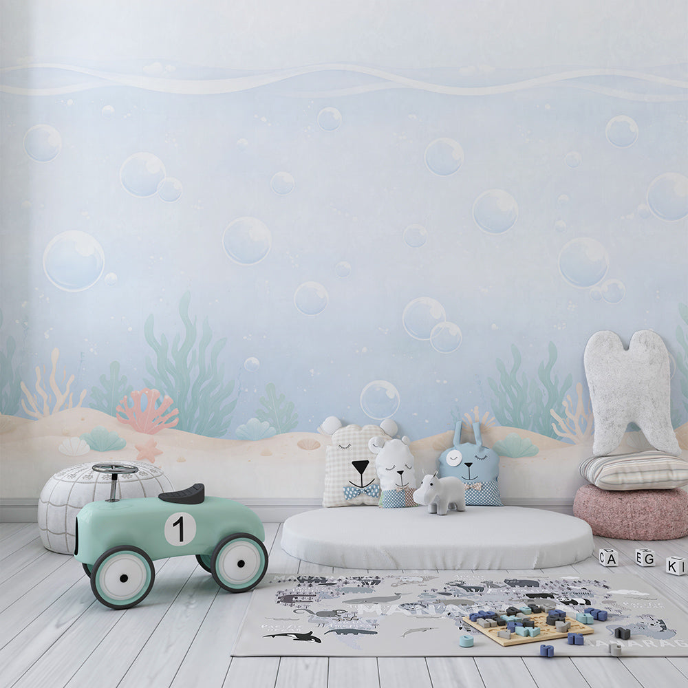 Kids-Mundo pastel bubble wall mural bringing calm to a children's playroom