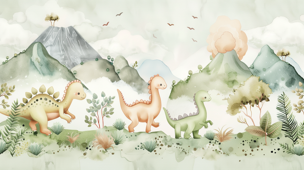 Pastel Cartoon Dinosaurs and Volcano Wall Mural