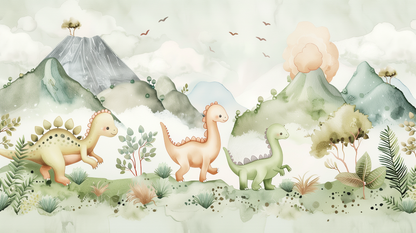 Kids-Mundo flat artwork print of the pastel cartoon dinosaurs and volcano design.
