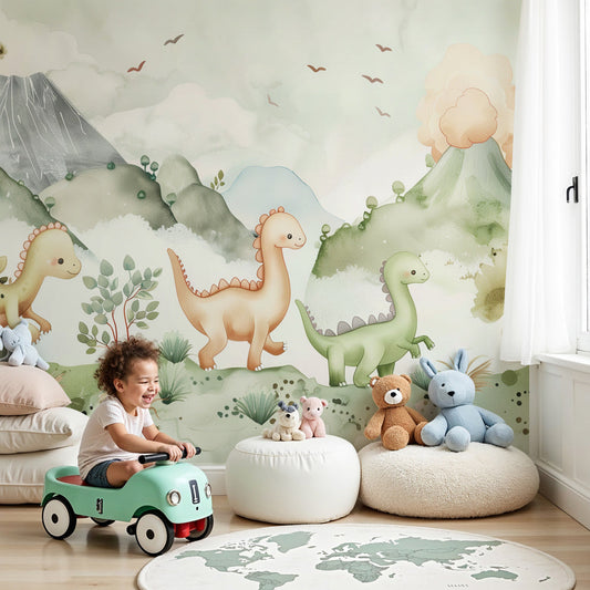 Kids-Mundo pastel cartoon dinosaur wall mural styled behind a cot in a soft sage nursery.