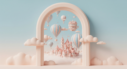Kids-Mundo flat artwork of a pastel archway framing a fairytale castle among clouds and balloons