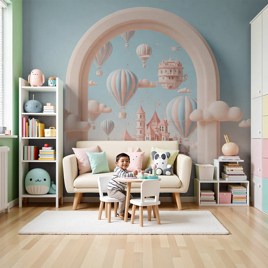 Kids-Mundo pastel castle archway wall mural styled behind a cot in a soft blush nursery