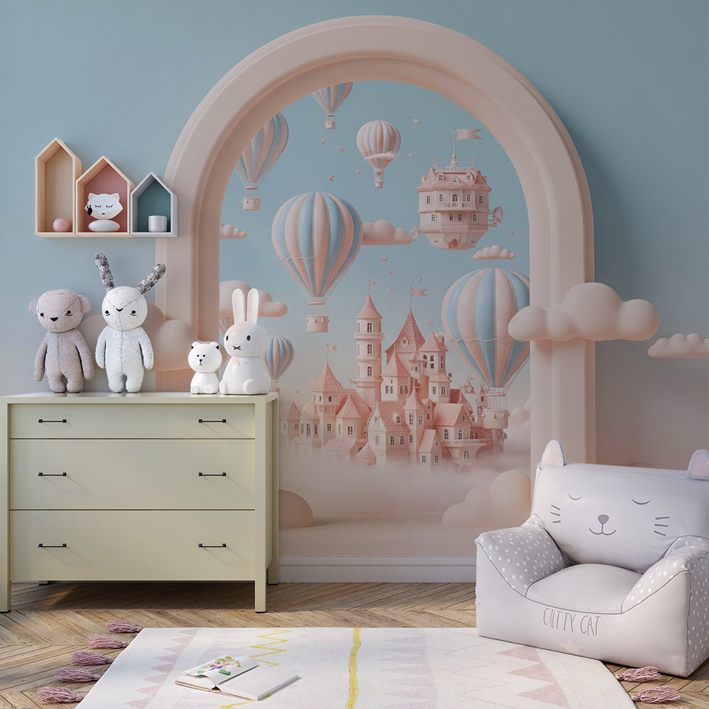 Kids-Mundo pastel castle archway wall mural bringing a dreamy scene to a children's playroom