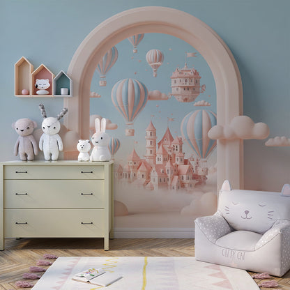 Kids-Mundo pastel castle archway wall mural bringing a dreamy scene to a children's playroom