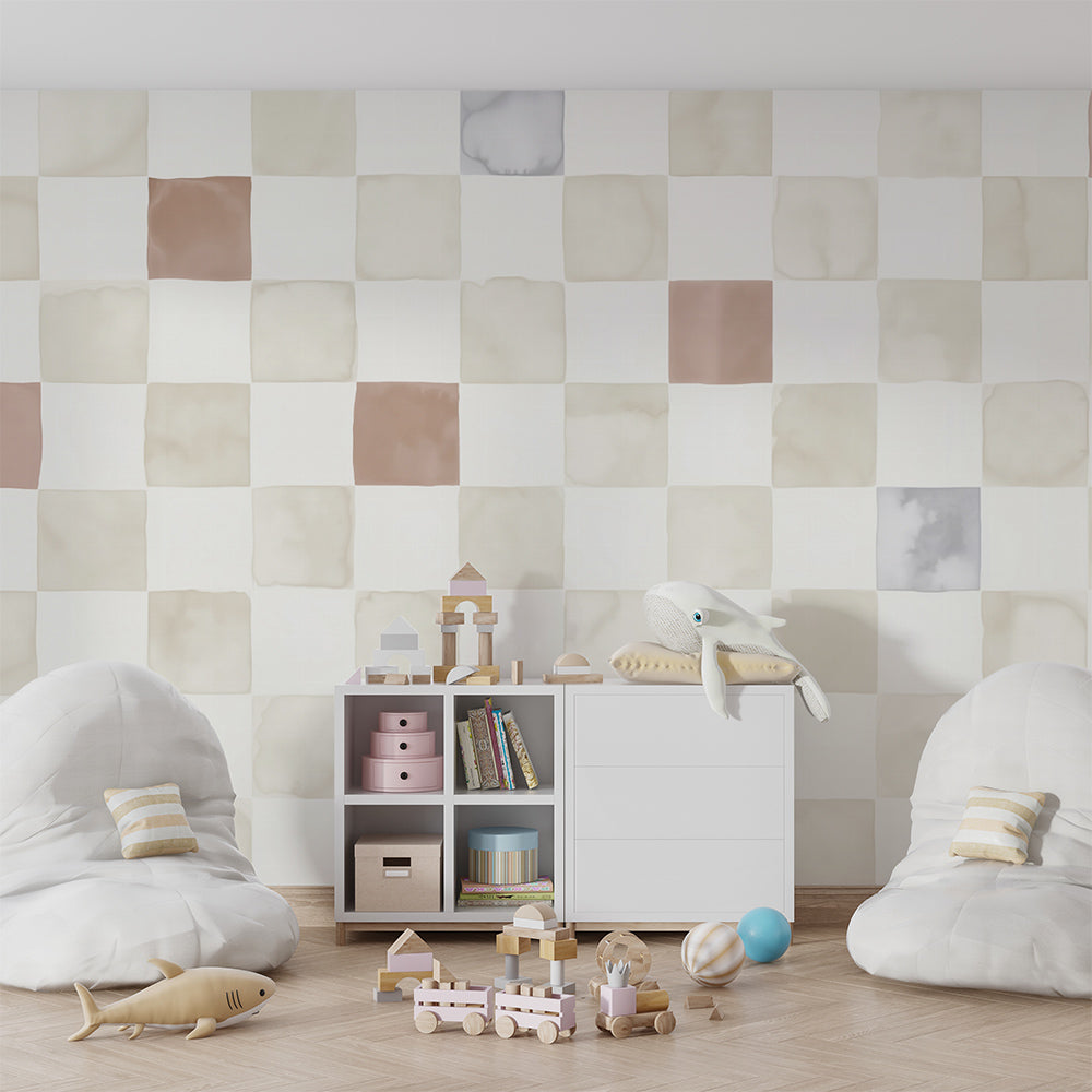 Checkerboard wall mural by Kids-Mundo made to measure for a calm grey and terracotta kids bedroom.