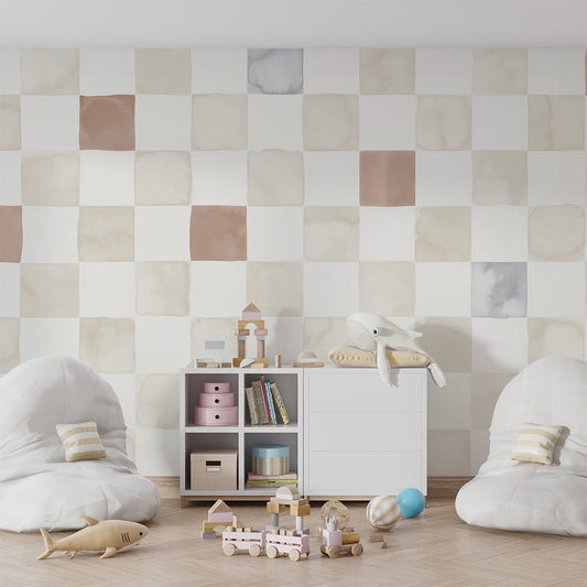 Checkerboard wall mural by Kids-Mundo made to measure for a calm grey and terracotta kids bedroom.