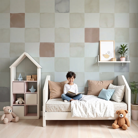 Kids-Mundo pastel checkerboard wall mural styled in a soft beige and terracotta nursery room scheme.