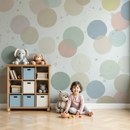 Kids-Mundo pastel circles and stars wall mural styled behind a cot in a soft, neutral nursery