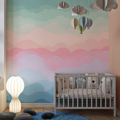 Kids-Mundo pastel cloud wall mural styled in a soft children's bedroom