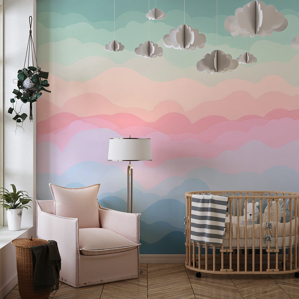 Kids-Mundo pastel cloud gradient mural decorating a cosy playroom wall