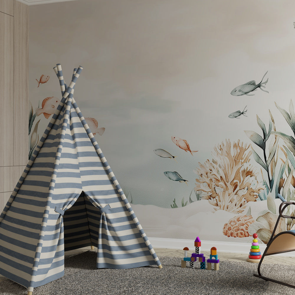 Kids-Mundo ocean wall mural featuring pastel coral and fish behind a bed in a kids bedroom