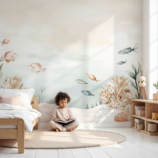 Kids-Mundo pastel coral reef wall mural with gentle fish in a soft, calming nursery setting