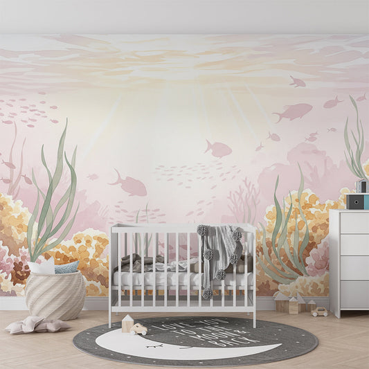 Kids-Mundo coral reef wall mural behind a bed in a light and airy kids bedroom