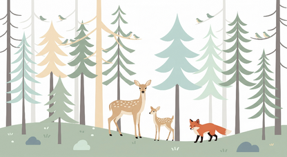 Kids-Mundo flat artwork of a pastel forest with a doe, fawn, fox and small birds