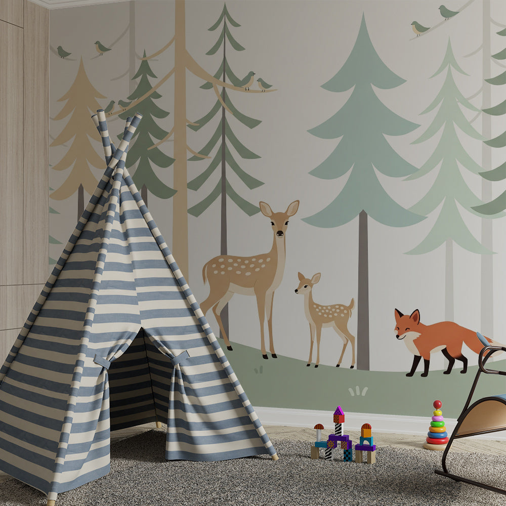 Kids-Mundo pastel woodland mural bringing deer, fawn and fox into a playroom
