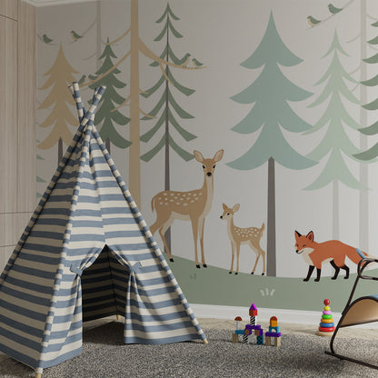 Kids-Mundo pastel woodland mural bringing deer, fawn and fox into a playroom