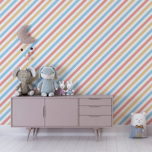Kids-Mundo blue and coral diagonal stripe wall mural on a feature wall in a kids bedroom