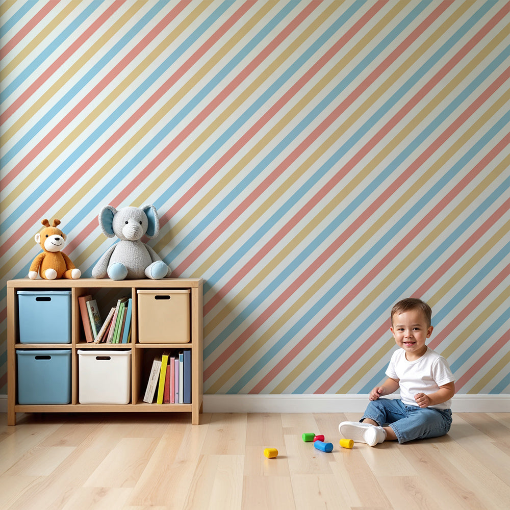 Kids-Mundo pastel diagonal stripe wall mural styled behind a cot in a soft airy nursery