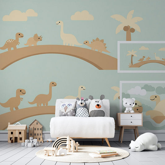 Kids-Mundo dinosaur wall mural on a kids bedroom wall beside a bed and toy shelf