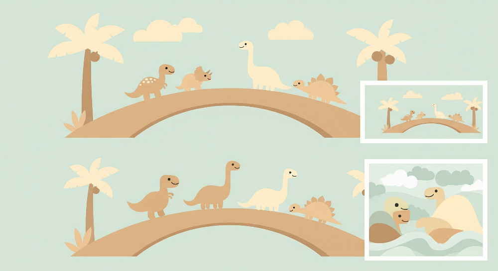 Pastel Dinosaurs Crossing a Stone Bridge Wall Mural