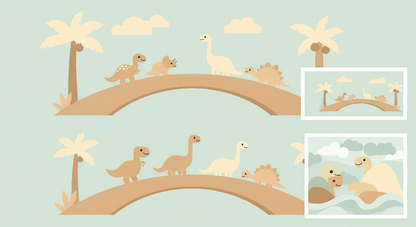 Flat artwork of the Kids-Mundo pastel dinosaur stone bridge wall mural design in sage and beige