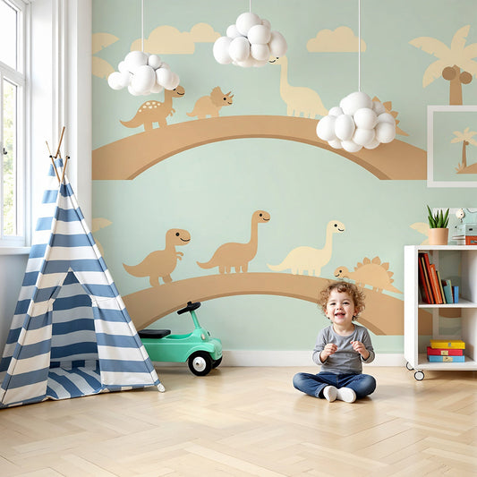Kids-Mundo pastel dinosaur bridge wall mural styled in a soft green nursery with a cot