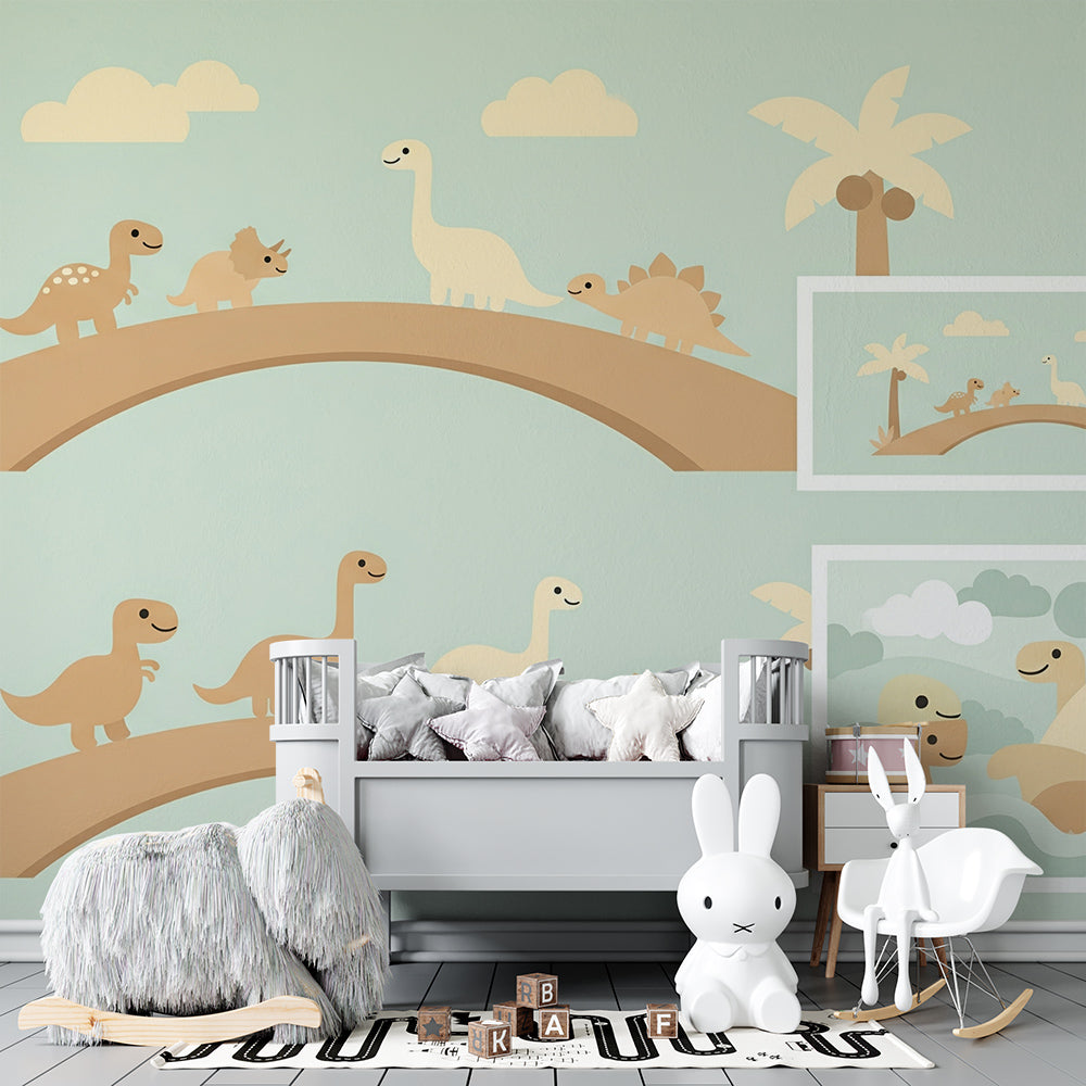 Kids-Mundo dinosaur bridge mural covering a playroom wall with a rug and toy storage